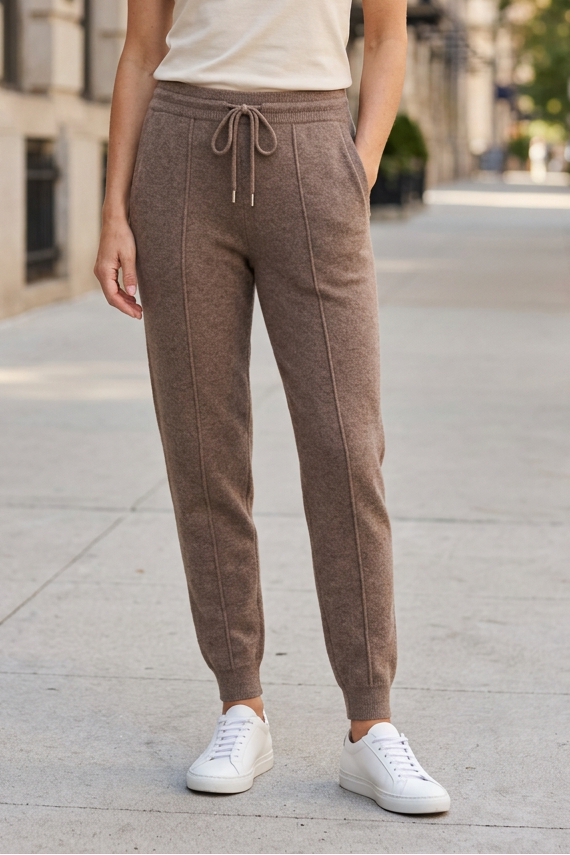 Brown joggers on sidewalk