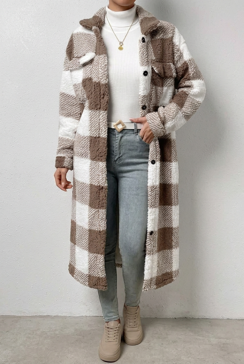 Brown plaid Ada coat, standing view