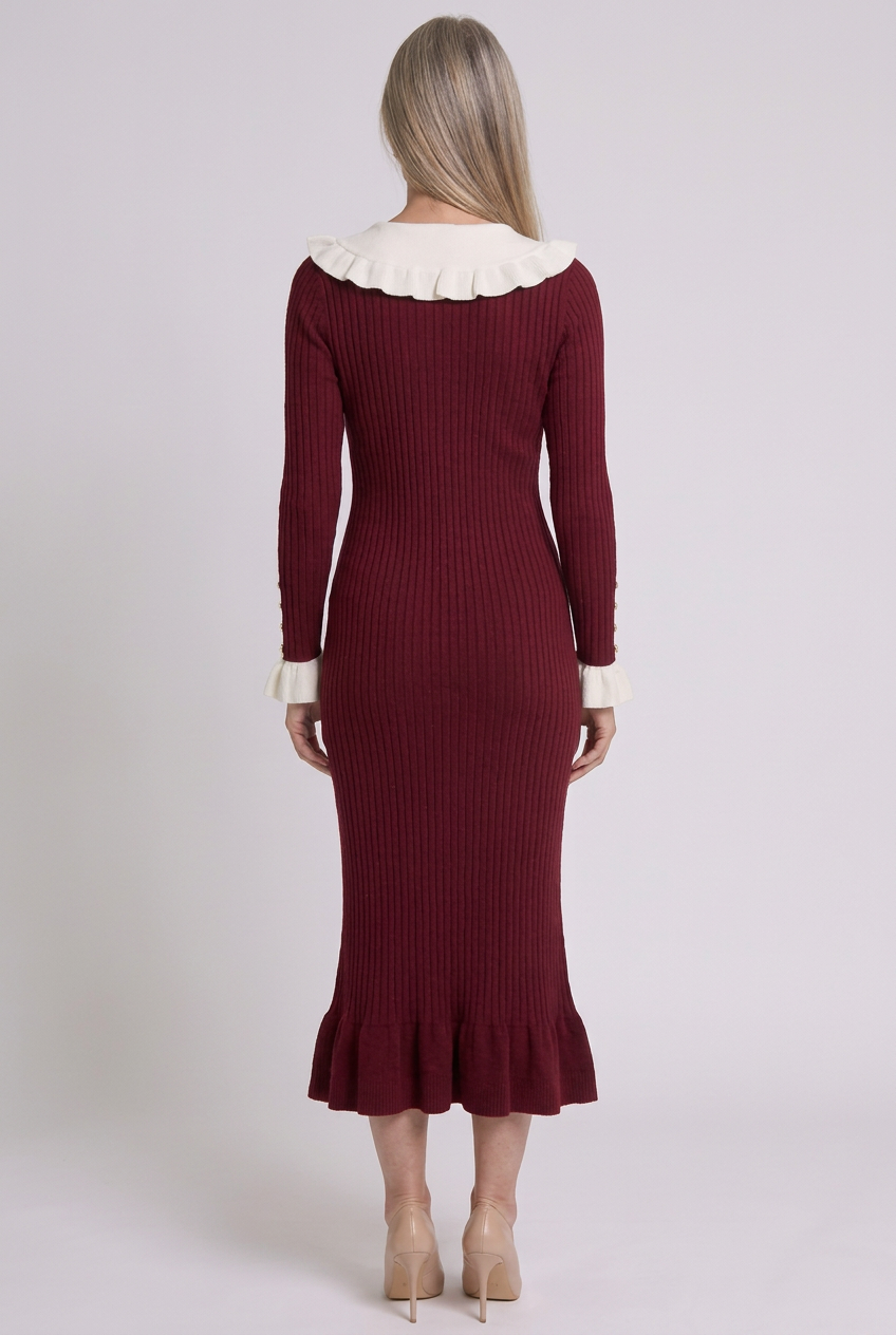 Burgundy Martha dress, back view in 2:3