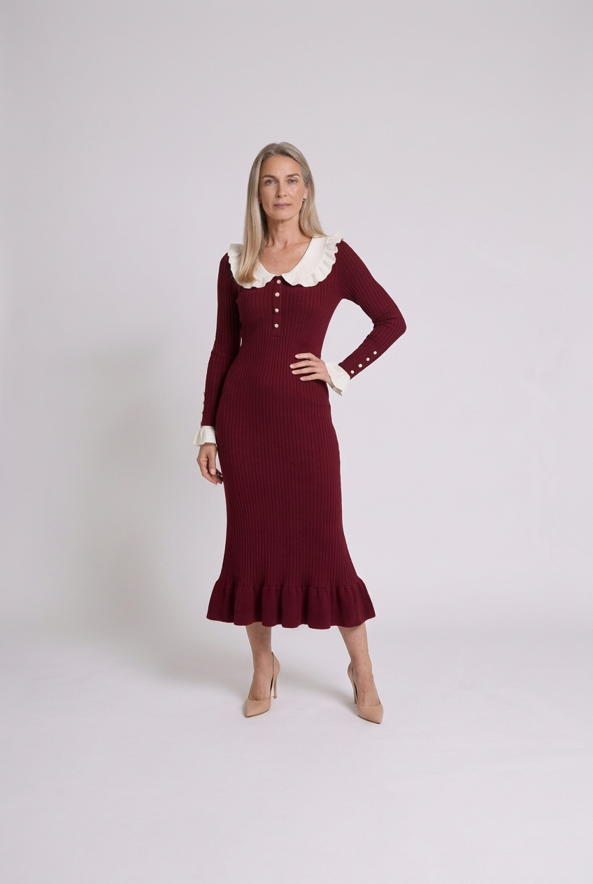 Burgundy Martha dress, front view in 2:3