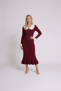 Burgundy Martha dress, front view in 2:3