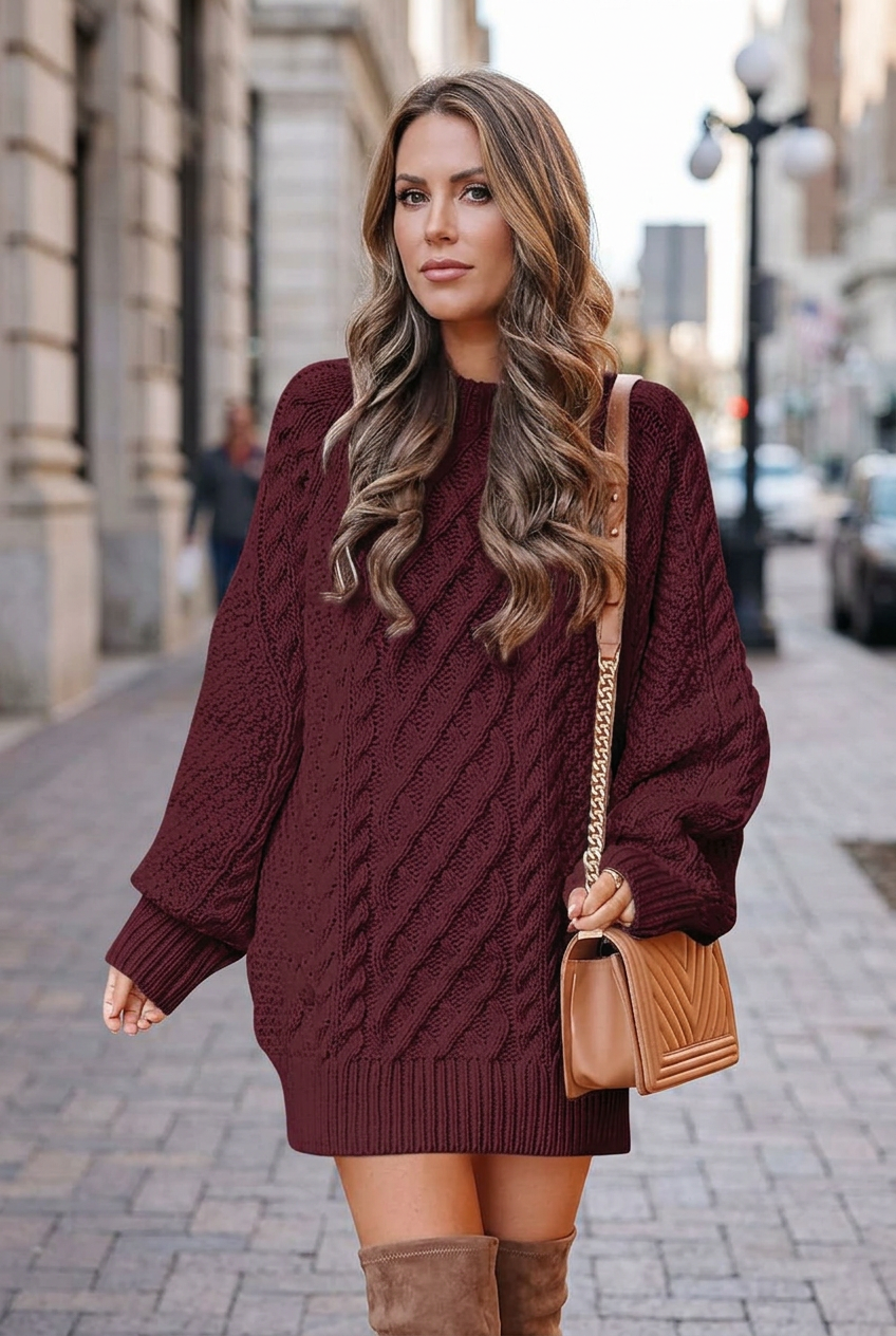 Burgundy sweater sidewalk portrait