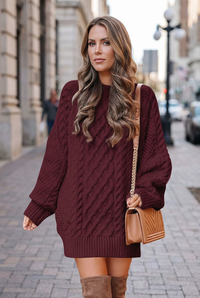 Burgundy sweater sidewalk portrait