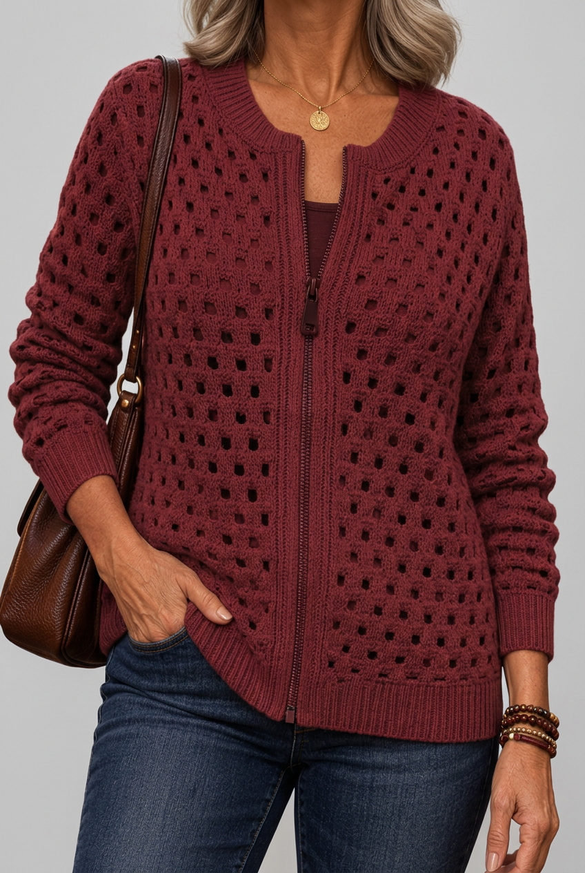 Burgundy Tilly cardigan studio preview