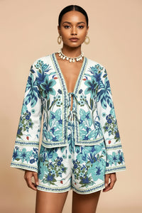 Printed Long Sleeve Shirt and High-Waist Shorts Set