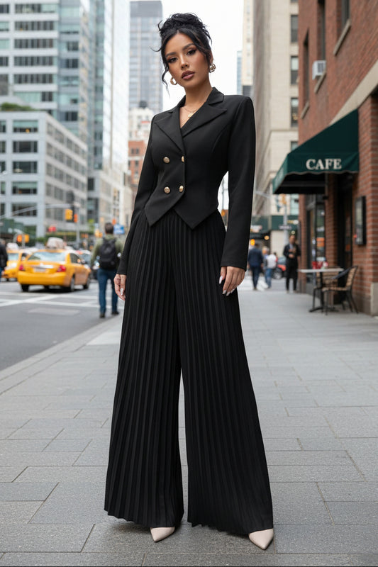 Pleated Wide Leg Pant Suit Set