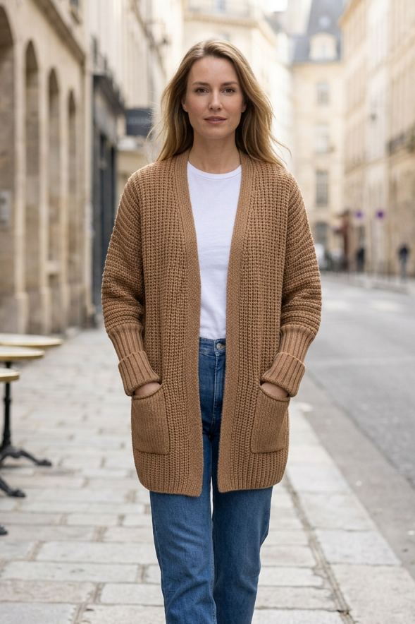 Camel cardigan sidewalk portrait