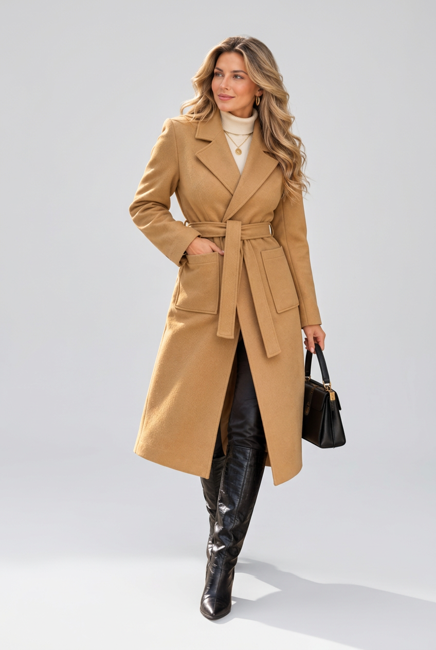 Camel coat walking pose in studio