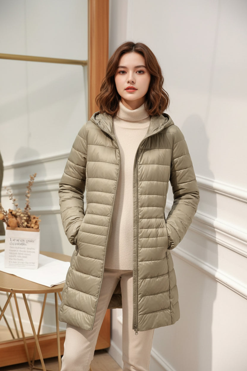 Hooded Quilted Zip Front Longline Coat