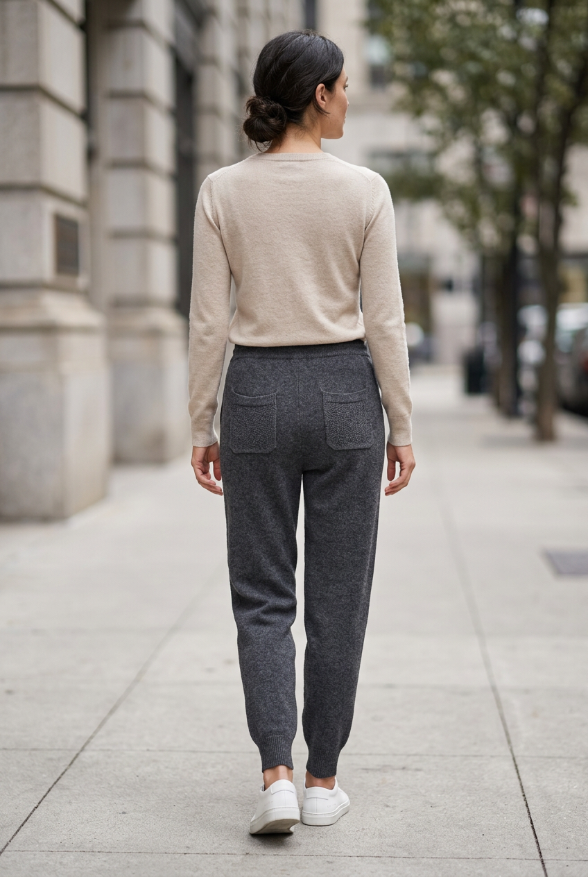 Charcoal joggers back view on sidewalk