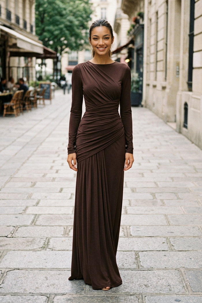 Chocolate brown dress, turned sidewalk pose