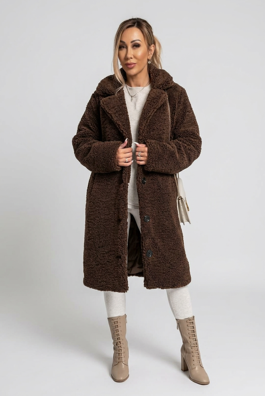Coffee brown Nell coat closer studio preview