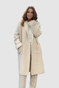 Cream Mabel cardigan, model view in 2:3
