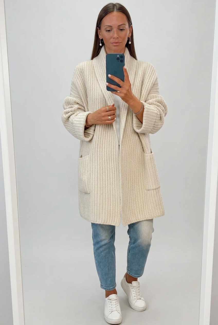 Cream Mabel cardigan, selfie view in 2:3