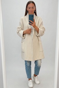 Cream Mabel cardigan, selfie view in 2:3