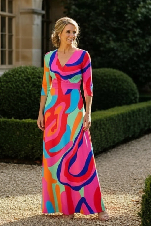 Maxikleid mit abstraktem Print und Dreiviertelärmeln
