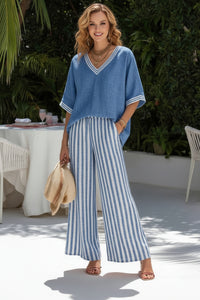 Striped Wide-Leg Pants & V-Neck Top Set
