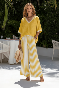 Striped Wide-Leg Pants & V-Neck Top Set