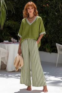 Striped Wide-Leg Pants & V-Neck Top Set