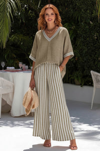 Striped Wide-Leg Pants & V-Neck Top Set