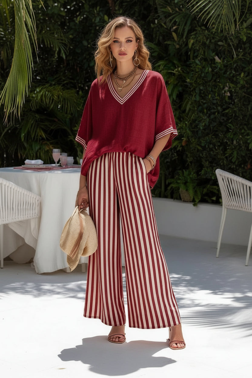 Striped Wide-Leg Pants & V-Neck Top Set