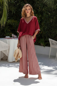 Striped Wide-Leg Pants & V-Neck Top Set