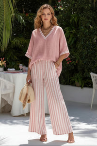 Striped Wide-Leg Pants & V-Neck Top Set