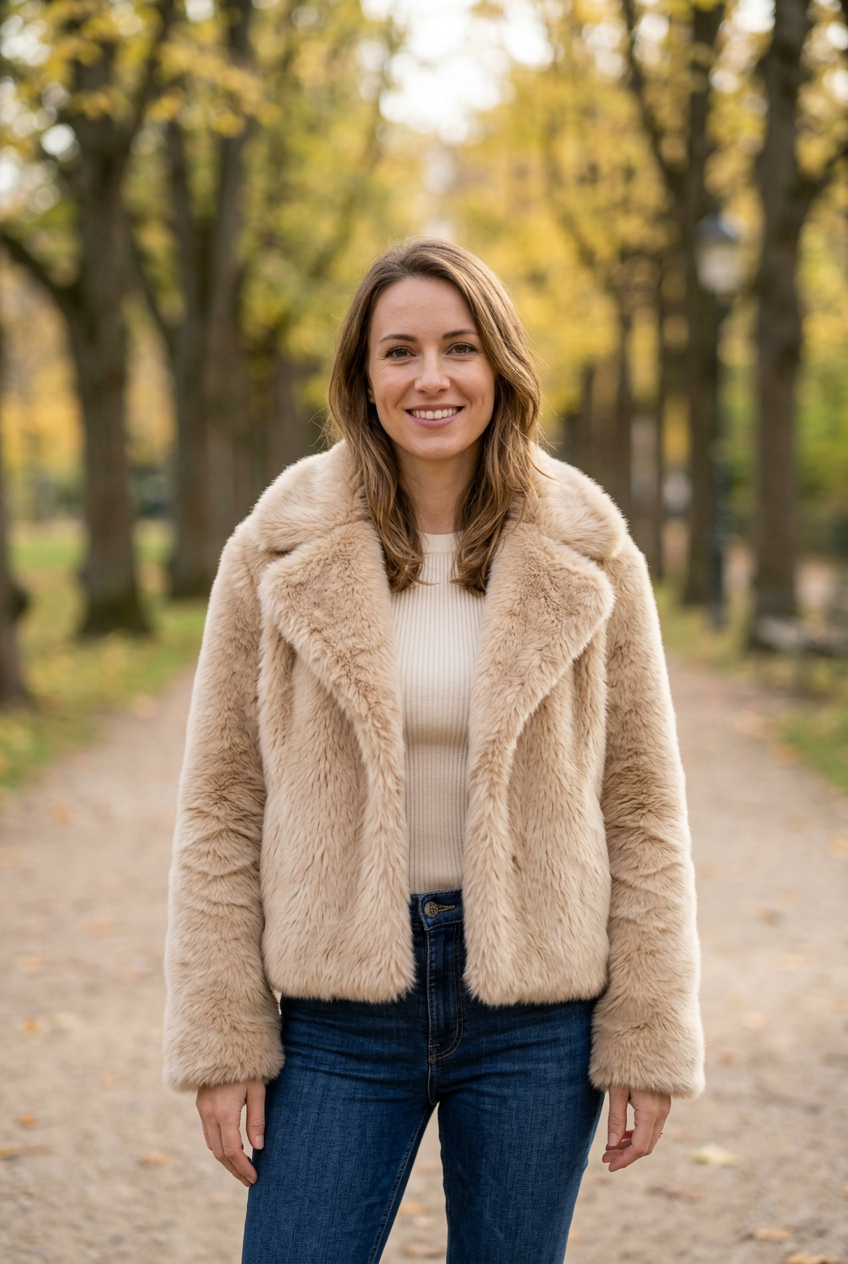 European woman wearing the beige-brown Orla jacket outdoors