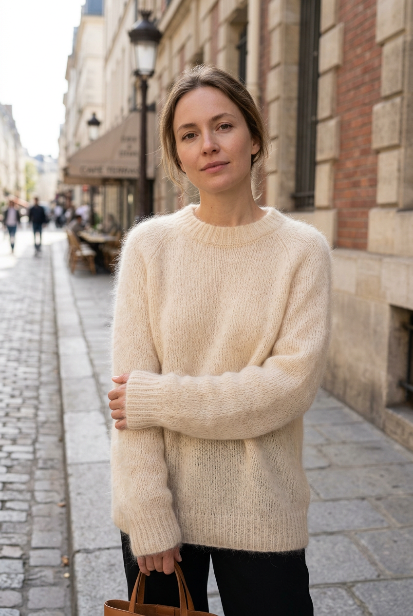 European woman wearing the beige crew-neck sweater on a sidewalk