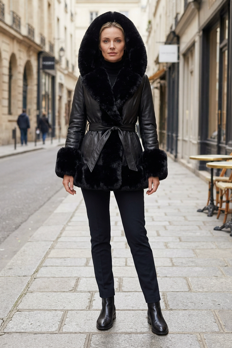European woman wearing the black belted coat on a sidewalk with her whole face visible
