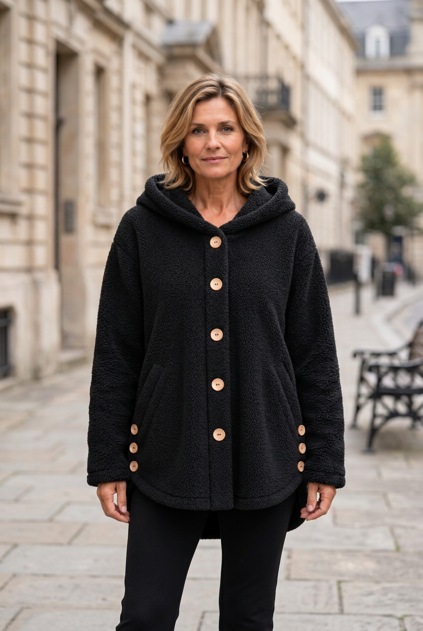 European woman wearing the black teddy coat on a sidewalk, with her whole face visible and the coat in focus