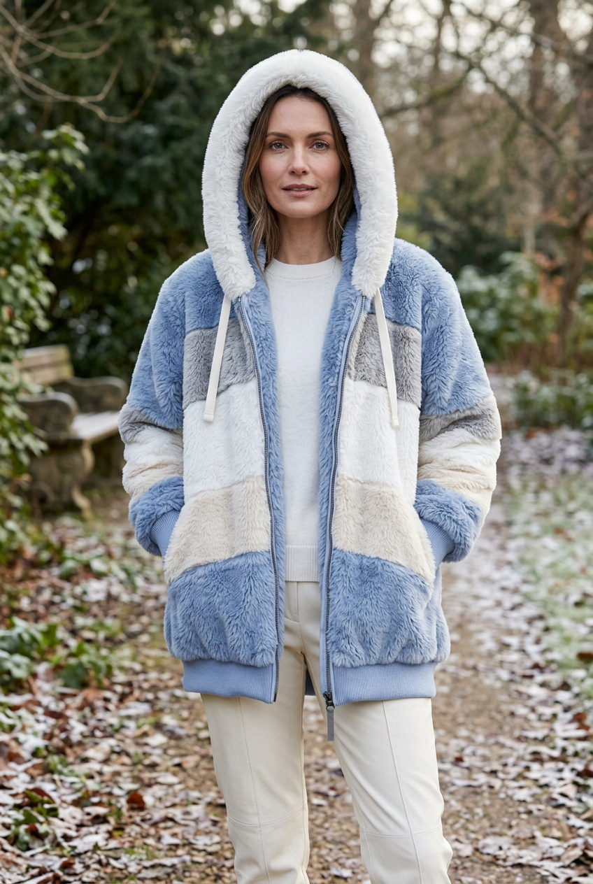 European woman wearing the blue Hattie jacket outdoors