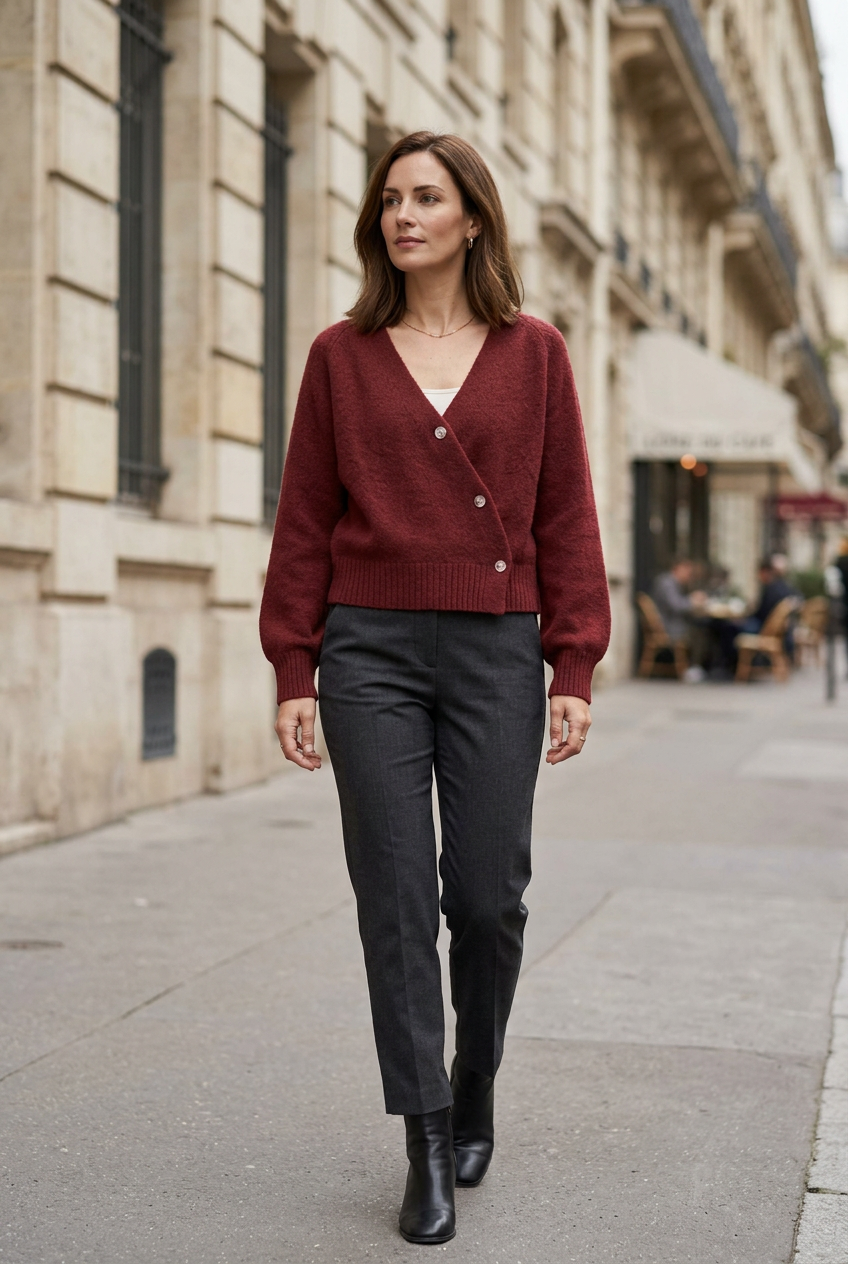 European woman wearing the burgundy Mabel cardigan in the city