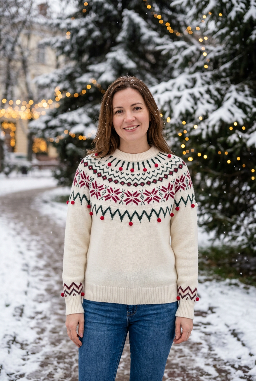 European woman wearing the cream Nancy jumper outdoors
