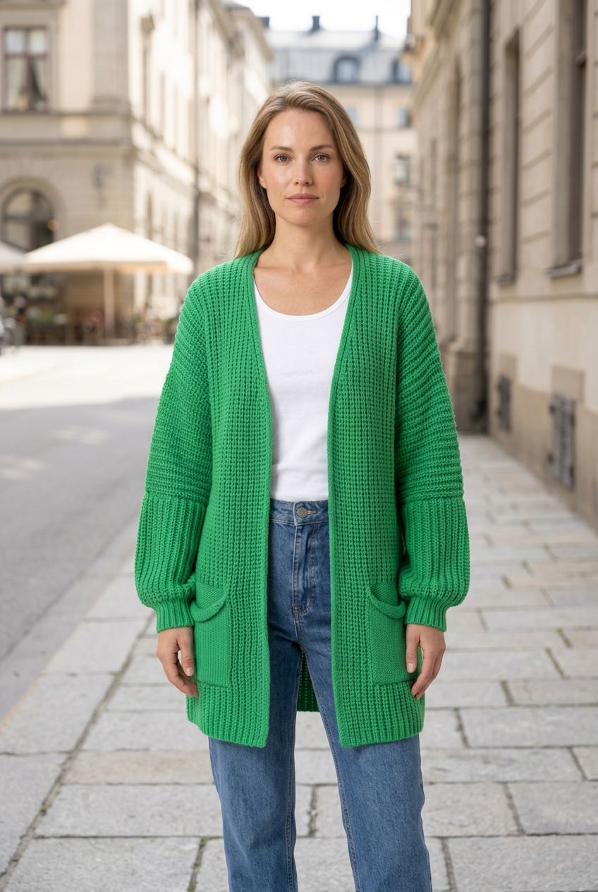 European woman wearing the green cardigan on a sidewalk, with her whole face visible and the product in focus