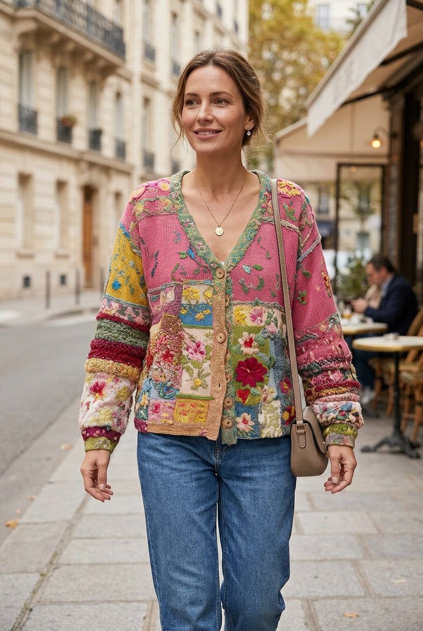 European woman wearing the Maeve cardigan on a Parisian street