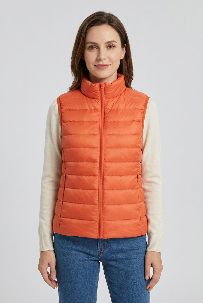 European woman wearing the orange Phoebe gilet