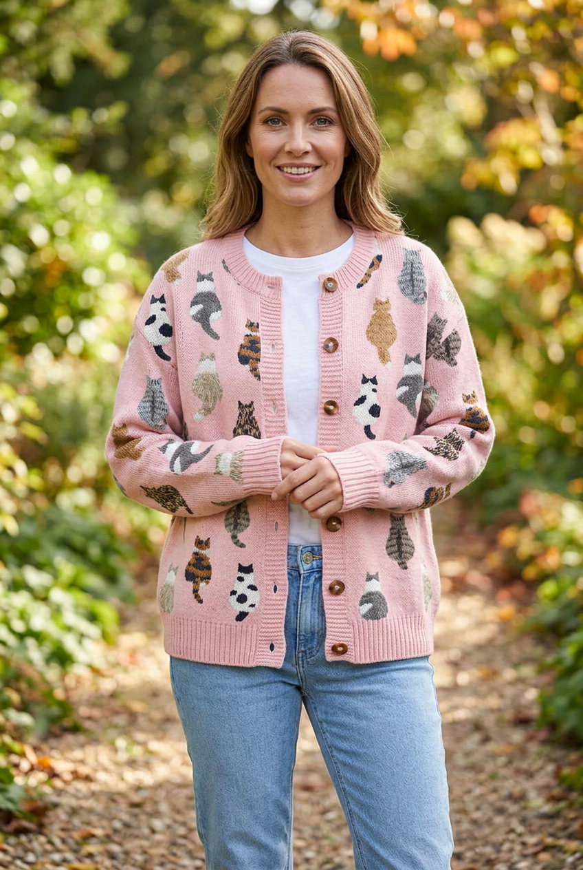 European woman wearing the pink Maisie cat-print cardigan outdoors