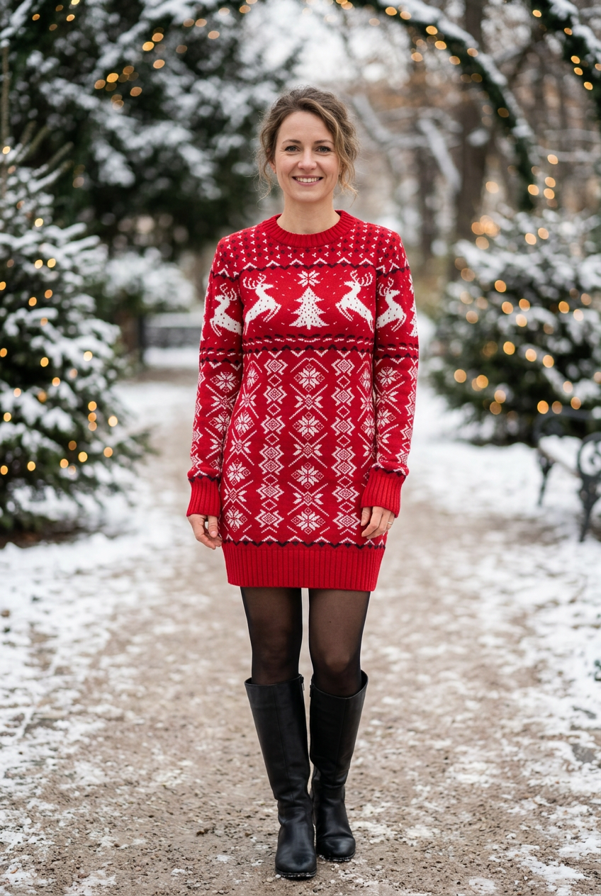 European woman wearing the red Dora reindeer dress outdoors