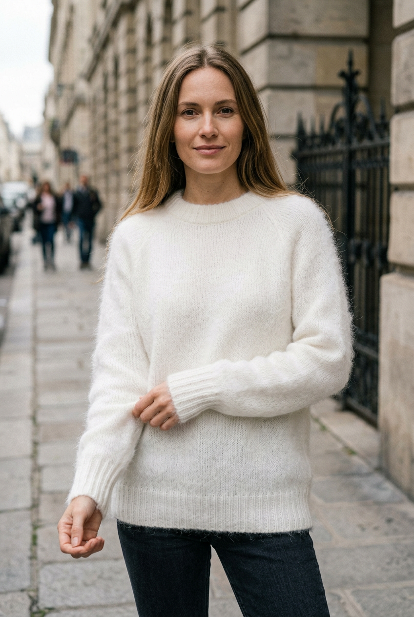 European woman wearing the white crew-neck sweater on a sidewalk