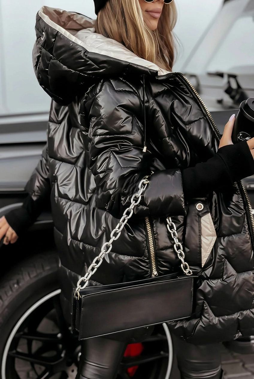 Evie black jacket with handbag, wider side-rear view