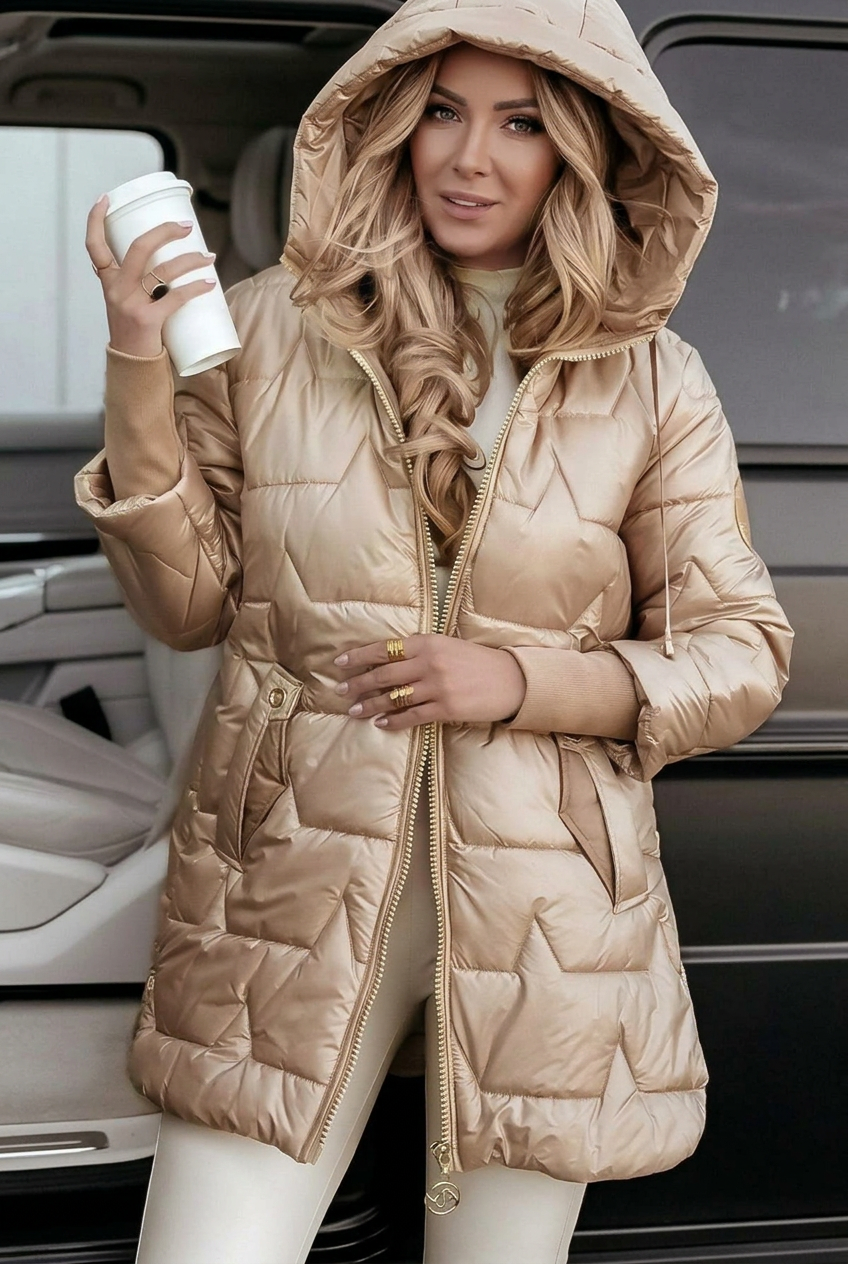 Evie gold jacket, wider hood-up view