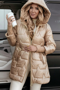 Evie gold jacket, wider hood-up view