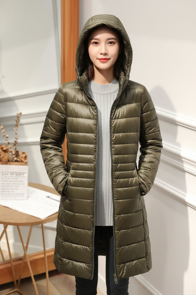 Hooded Quilted Zip Front Longline Coat
