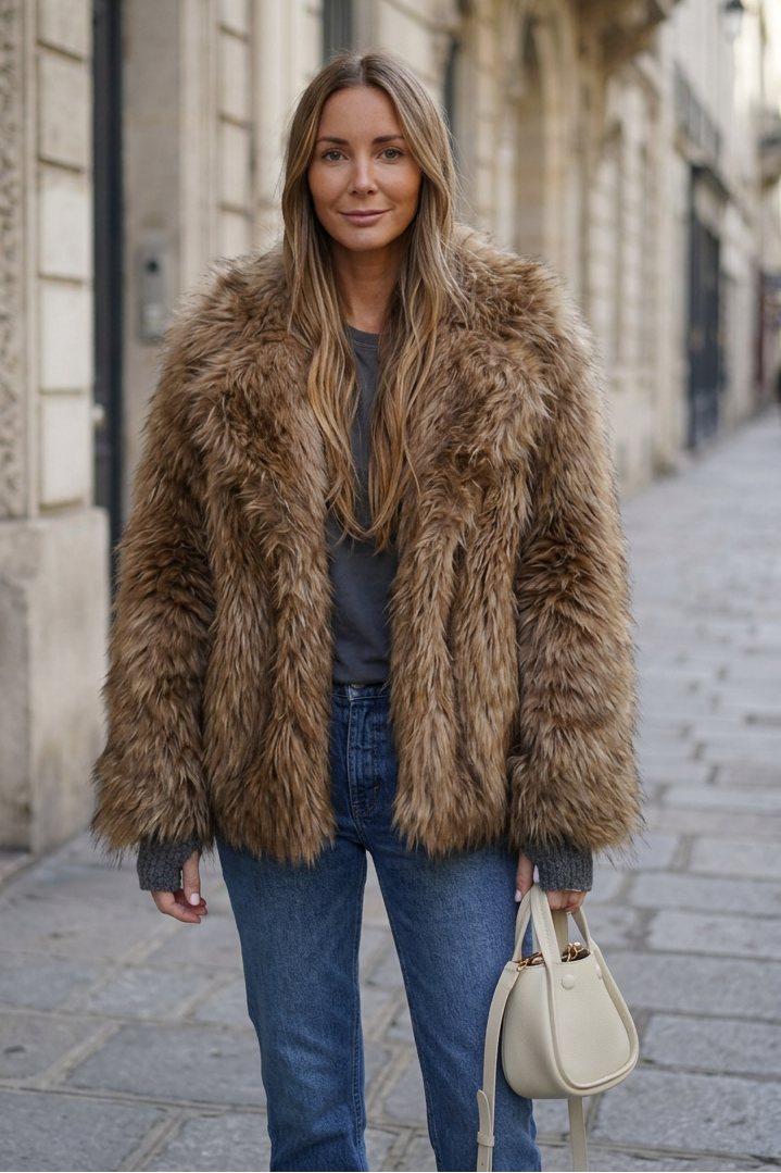 Front-facing sidewalk portrait wearing the faux-fur coat