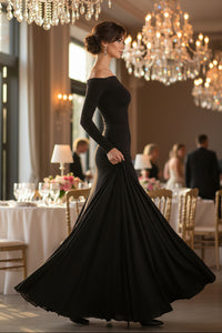 Draped Long Sleeve Maxi Dress in Black