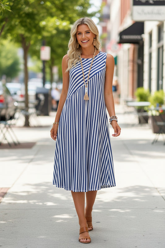 Striped Sleeveless Midi Dress in Blue
