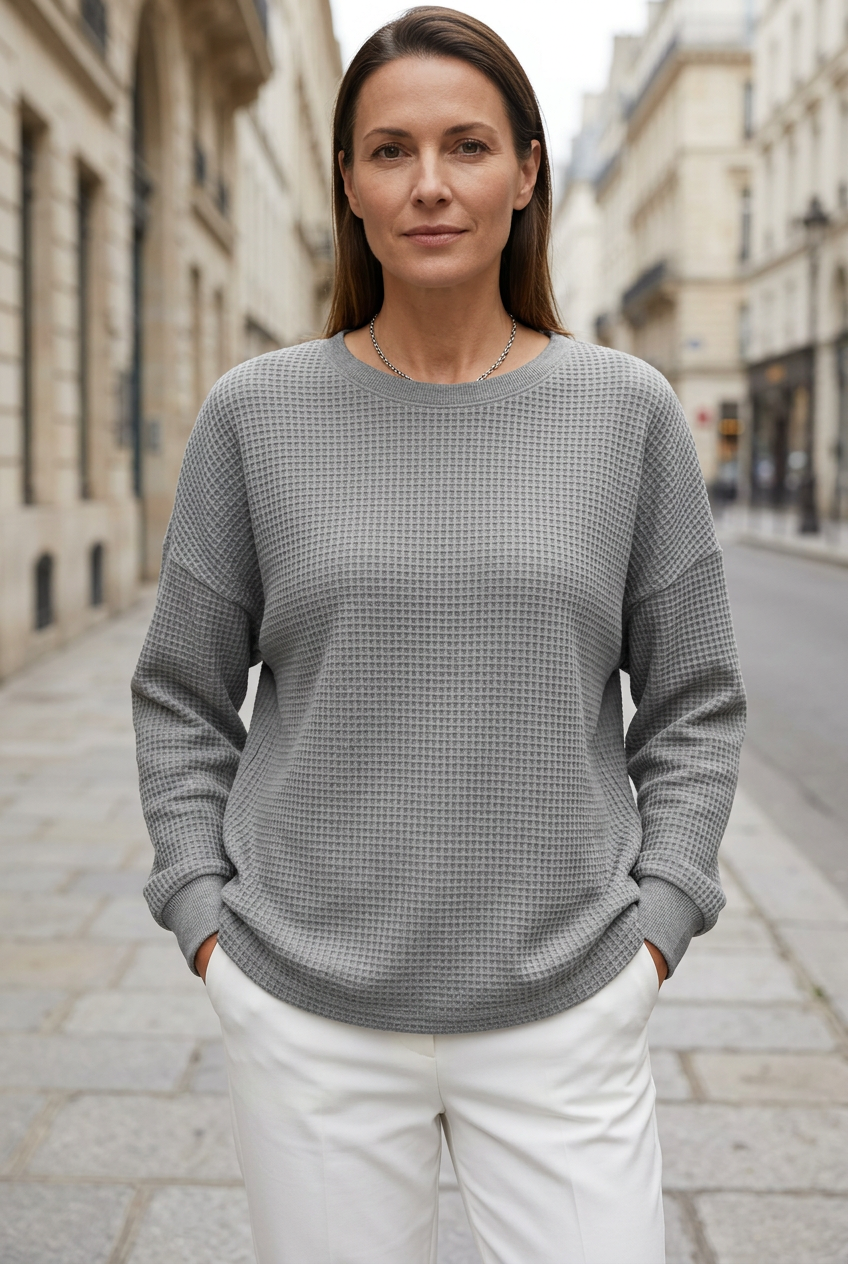 Gray sweatshirt sidewalk portrait