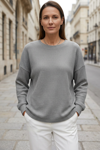 Gray sweatshirt sidewalk portrait