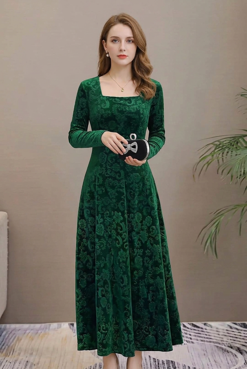 Green Ada velvet dress in 2:3 portrait